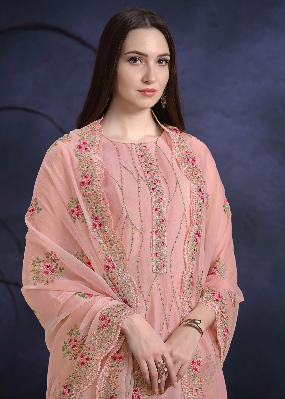 Coral Pink Organza Chiffon Embroidered Festive Salwar Suit - Image 2