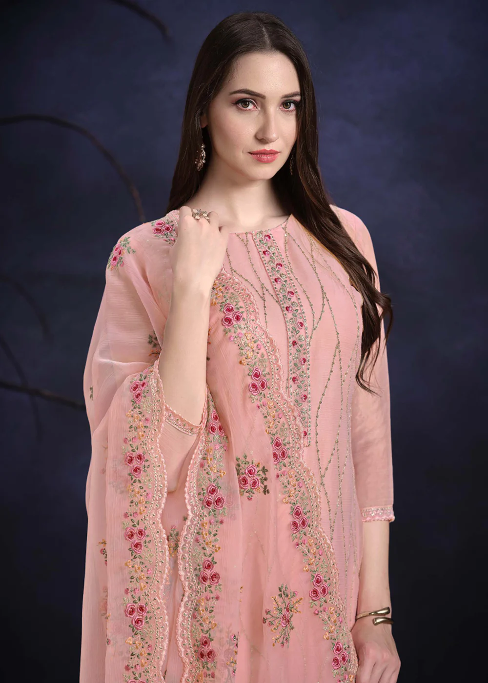 Coral Pink Organza Chiffon Embroidered Festive Salwar Suit - Image 3