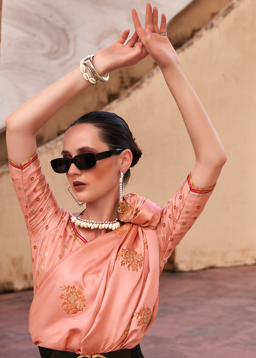 Coral Pink Pure Satin Zari Weaving Wedding Festive Saree - Image 3