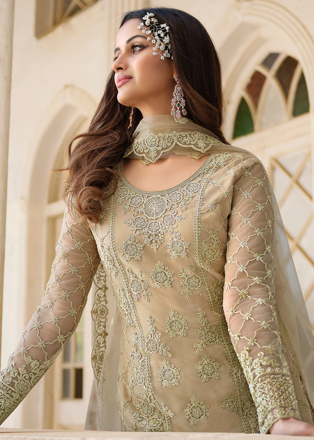 Cording Embroidered Beige Designer Salwar Kameez - Image 2