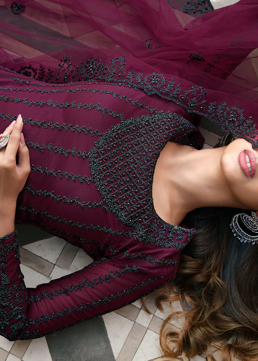 Cording Embroidered Wine Designer Salwar Kameez - Image 2
