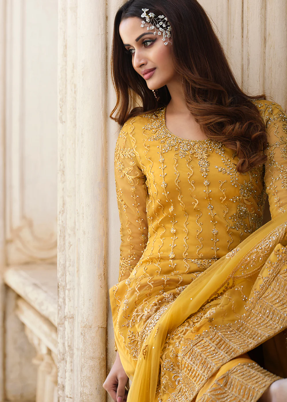 Cording Embroidered Yellow Designer Salwar Kameez - Image 2