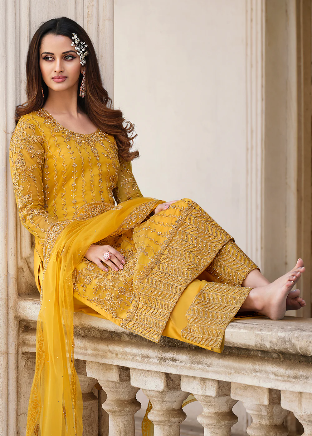 Cording Embroidered Yellow Designer Salwar Kameez - Image 3