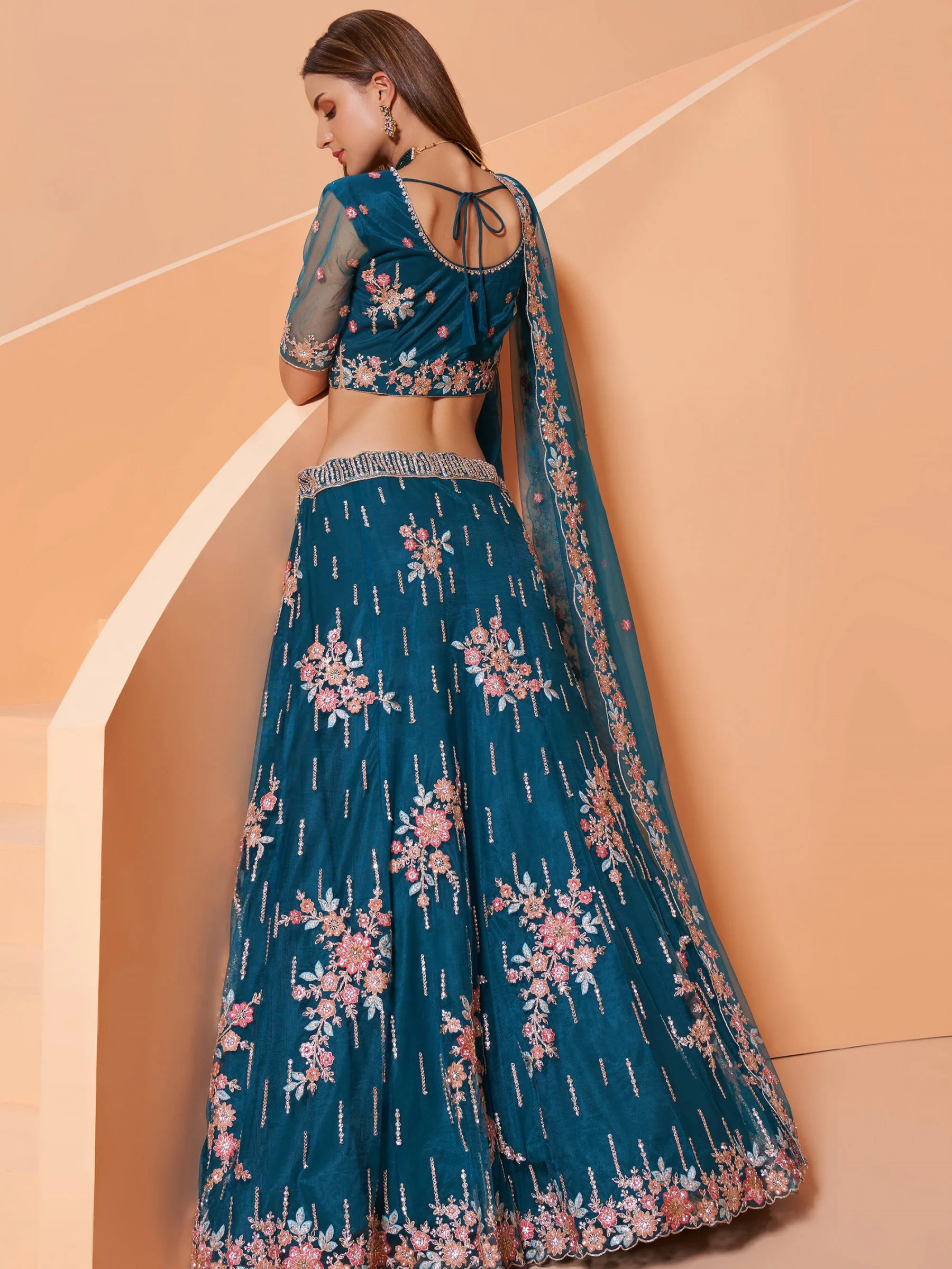 Cording Work Cerulean Blue Wedding Wear Lehenga Choli - Image 3