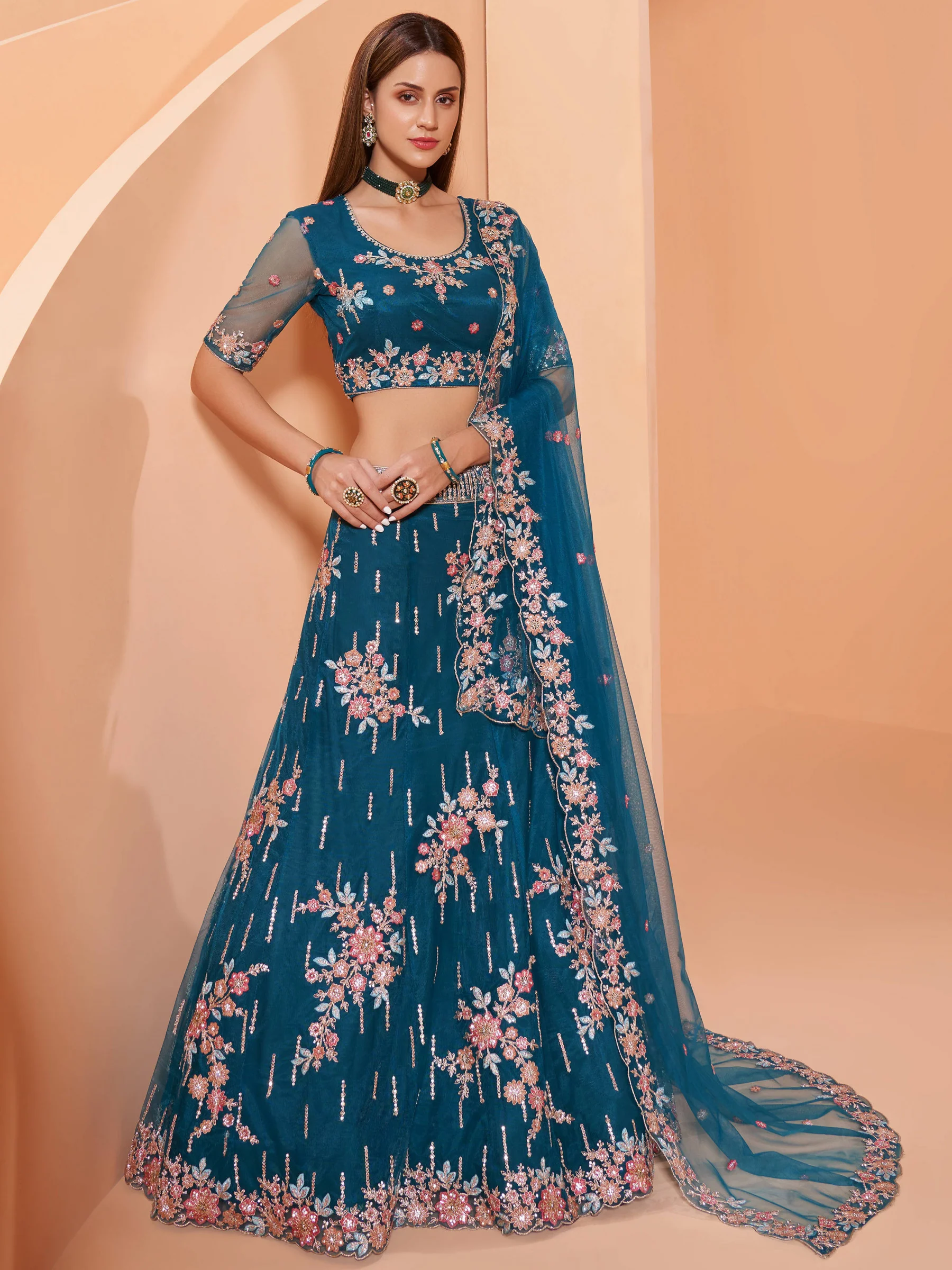 Cording Work Cerulean Blue Wedding Wear Lehenga Choli - Image 4