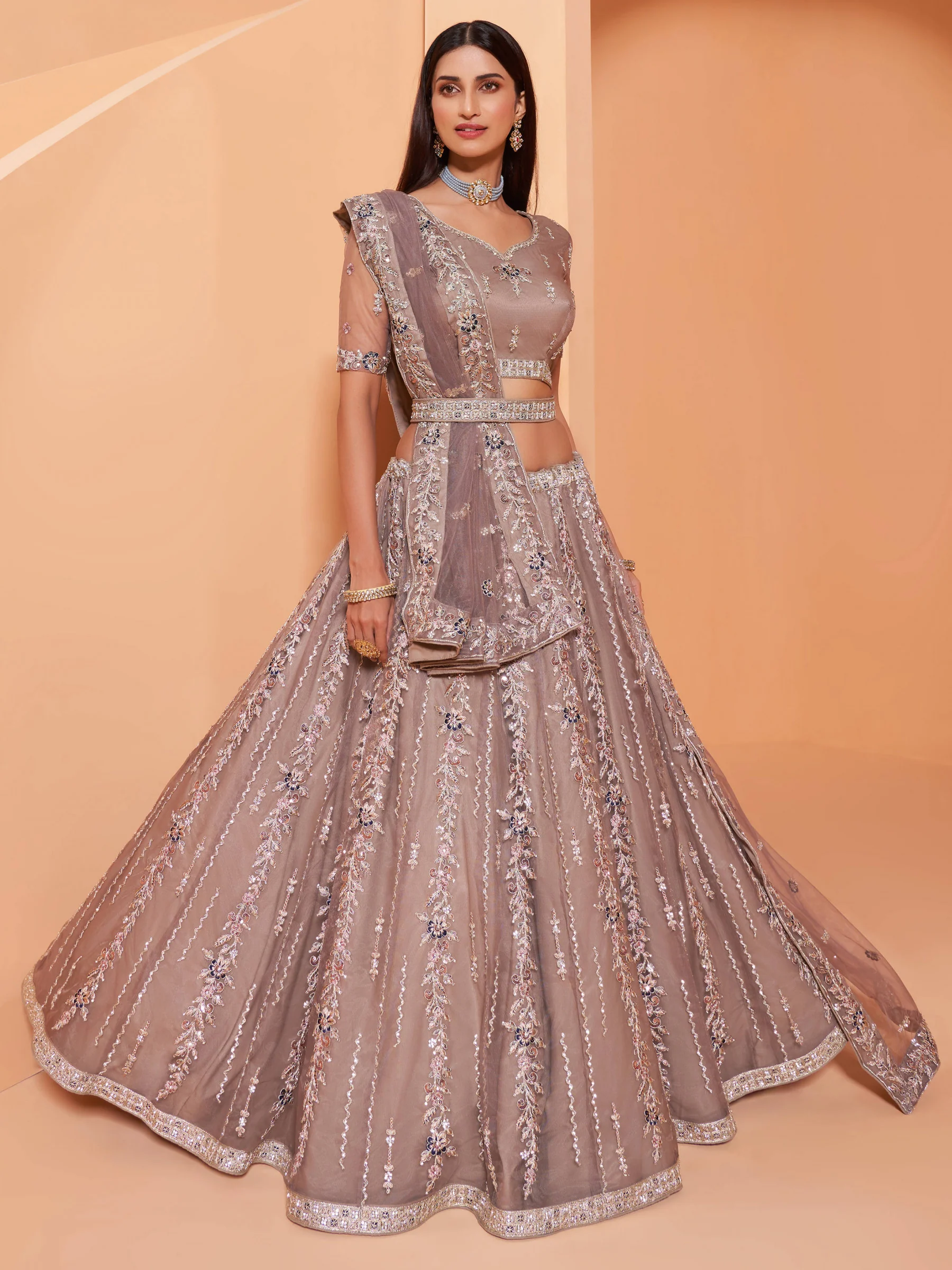 Cording Work Elegant Mauve Wedding Wear Lehenga Choli - Image 4
