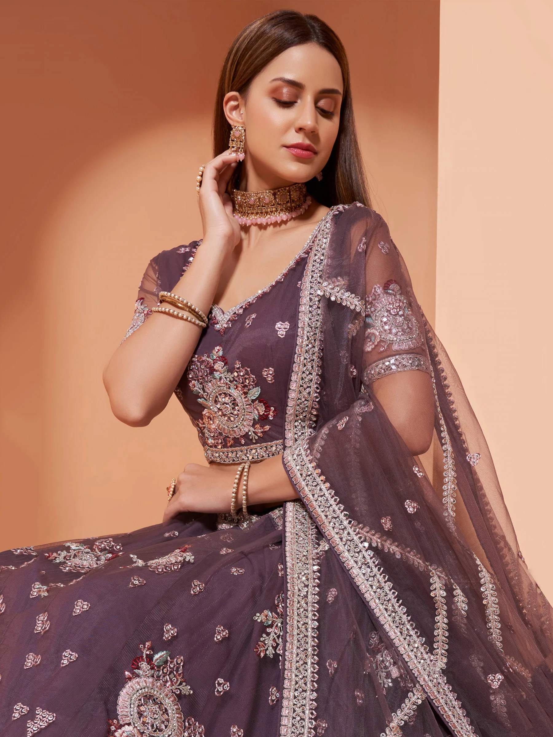 Cording Work Taupe Purple Wedding Wear Lehenga Choli - Image 2