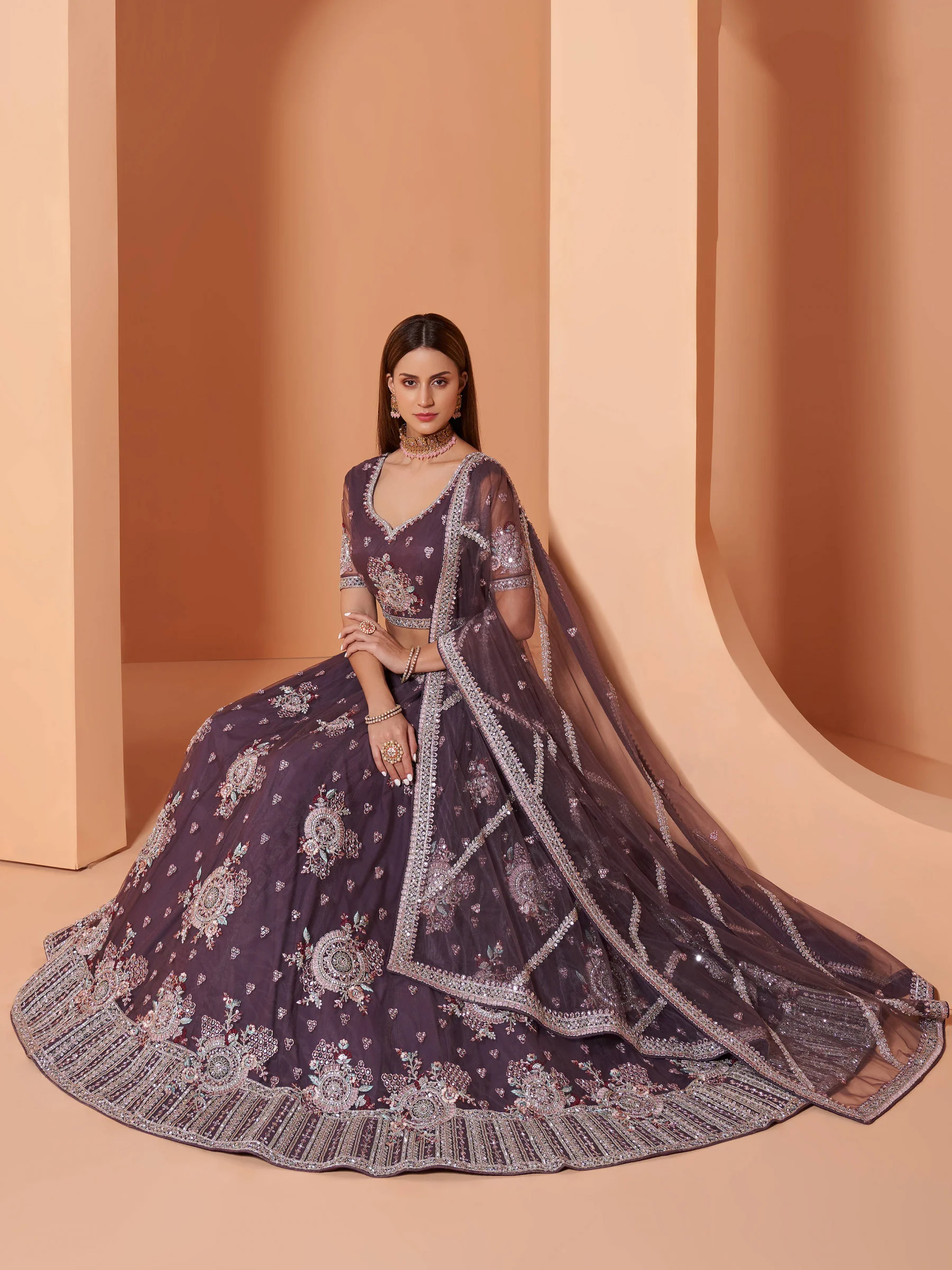 Cording Work Taupe Purple Wedding Wear Lehenga Choli - Image 3