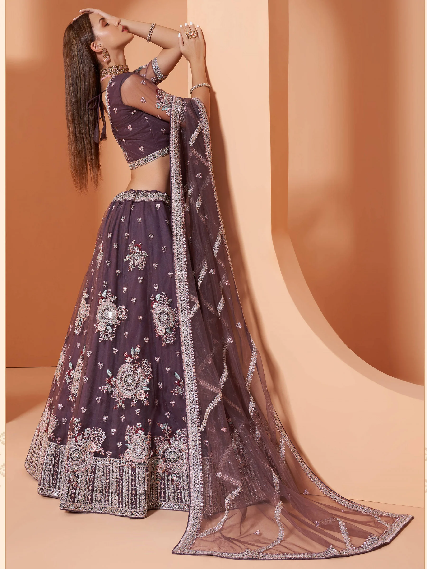 Cording Work Taupe Purple Wedding Wear Lehenga Choli - Image 4