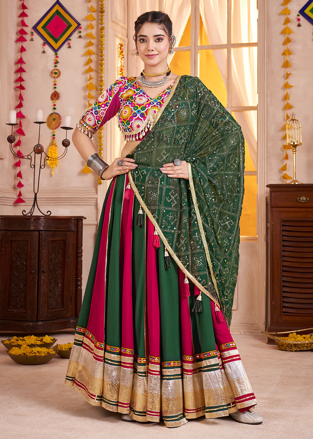 Cotton Chaniya Choli for Navratri in Green & Red