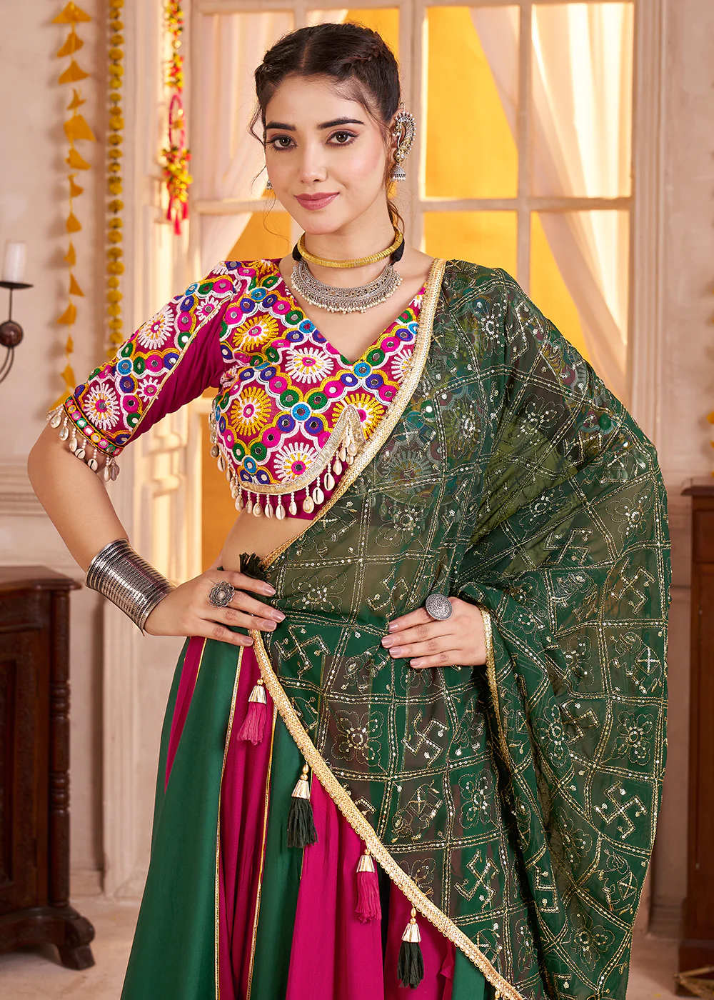 Cotton Chaniya Choli for Navratri in Green & Red - Image 2