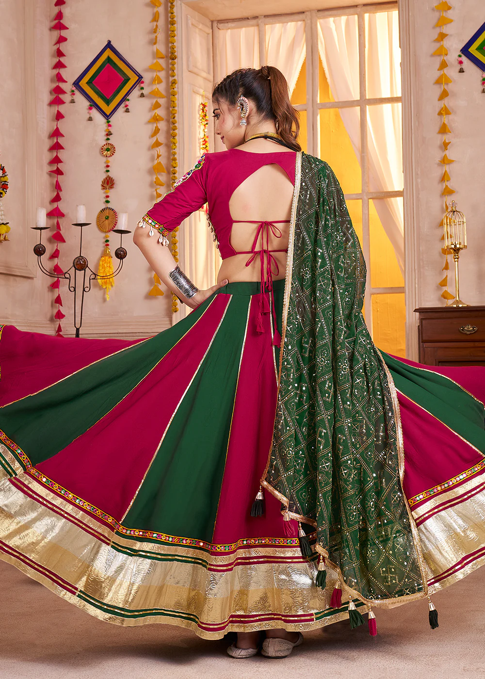 Cotton Chaniya Choli for Navratri in Green & Red - Image 3
