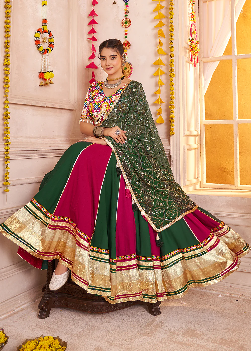 Cotton Chaniya Choli for Navratri in Green & Red - Image 4