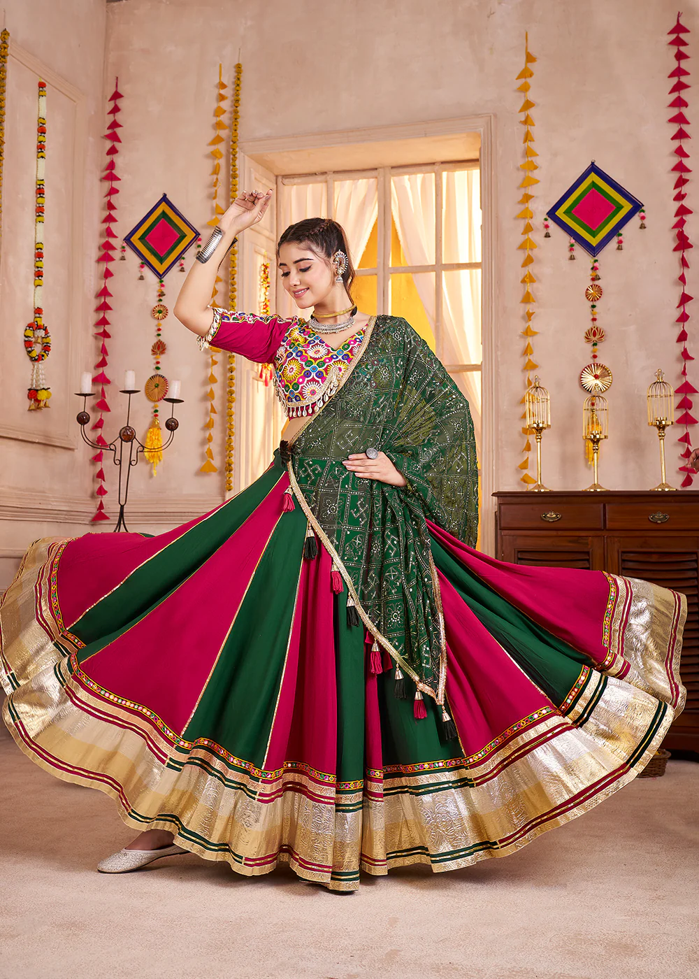 Cotton Chaniya Choli for Navratri in Green & Red - Image 5