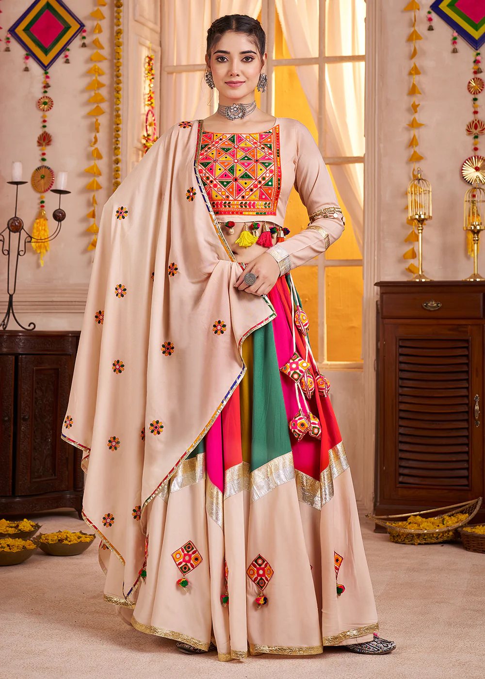 Cotton Chaniya Choli for Navratri in Multicolor Beige