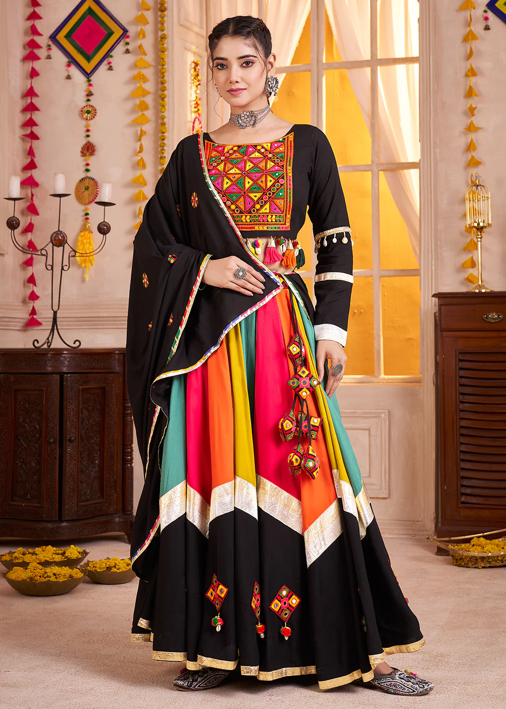 Cotton Chaniya Choli for Navratri in Multicolor Black
