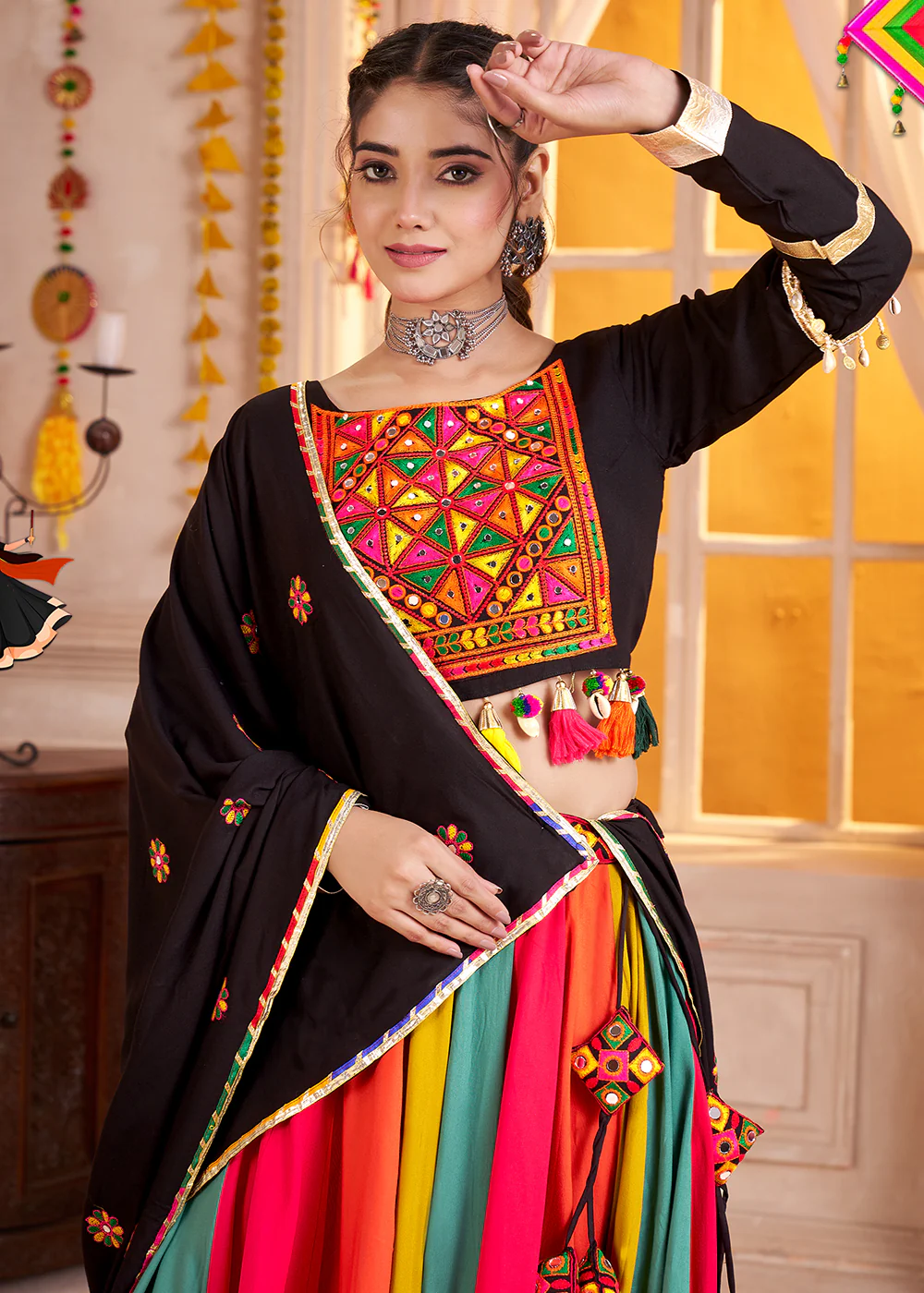 Cotton Chaniya Choli for Navratri in Multicolor Black - Image 2