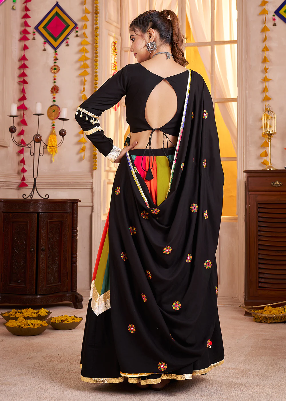 Cotton Chaniya Choli for Navratri in Multicolor Black - Image 3