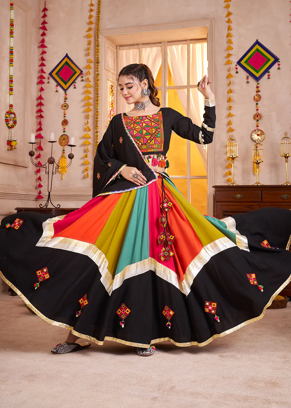 Cotton Chaniya Choli for Navratri in Multicolor Black - Image 5