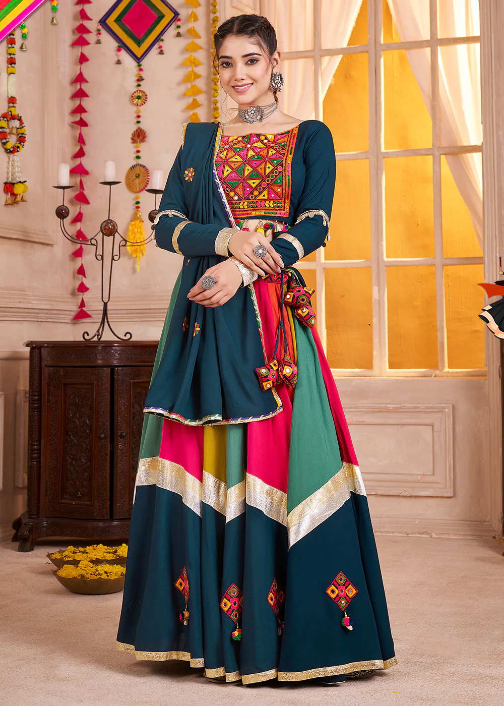 Cotton Chaniya Choli for Navratri in Multicolor Blue