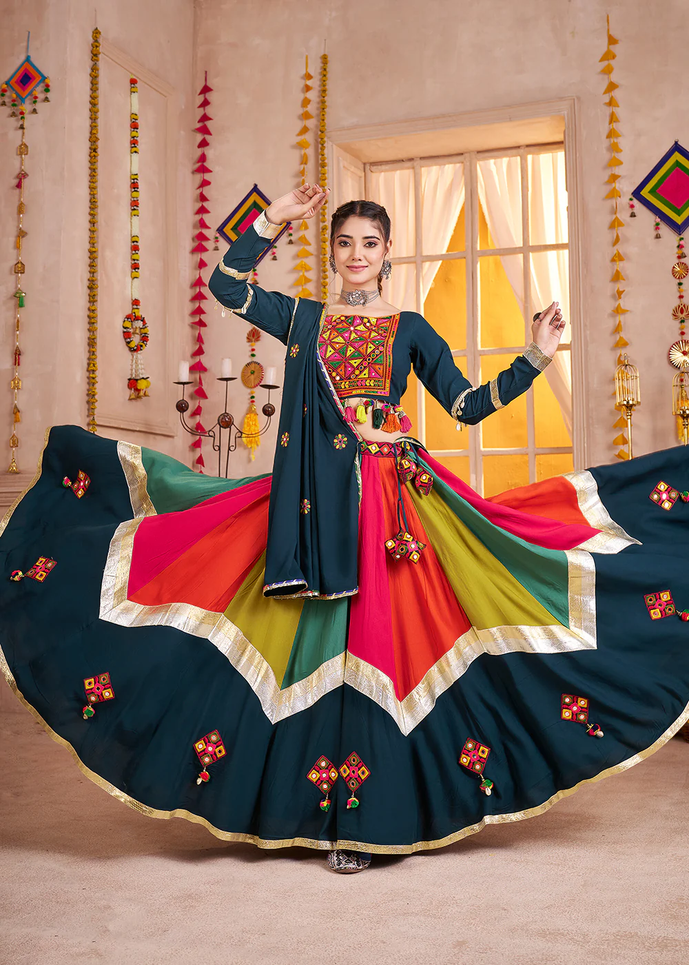 Cotton Chaniya Choli for Navratri in Multicolor Blue - Image 4