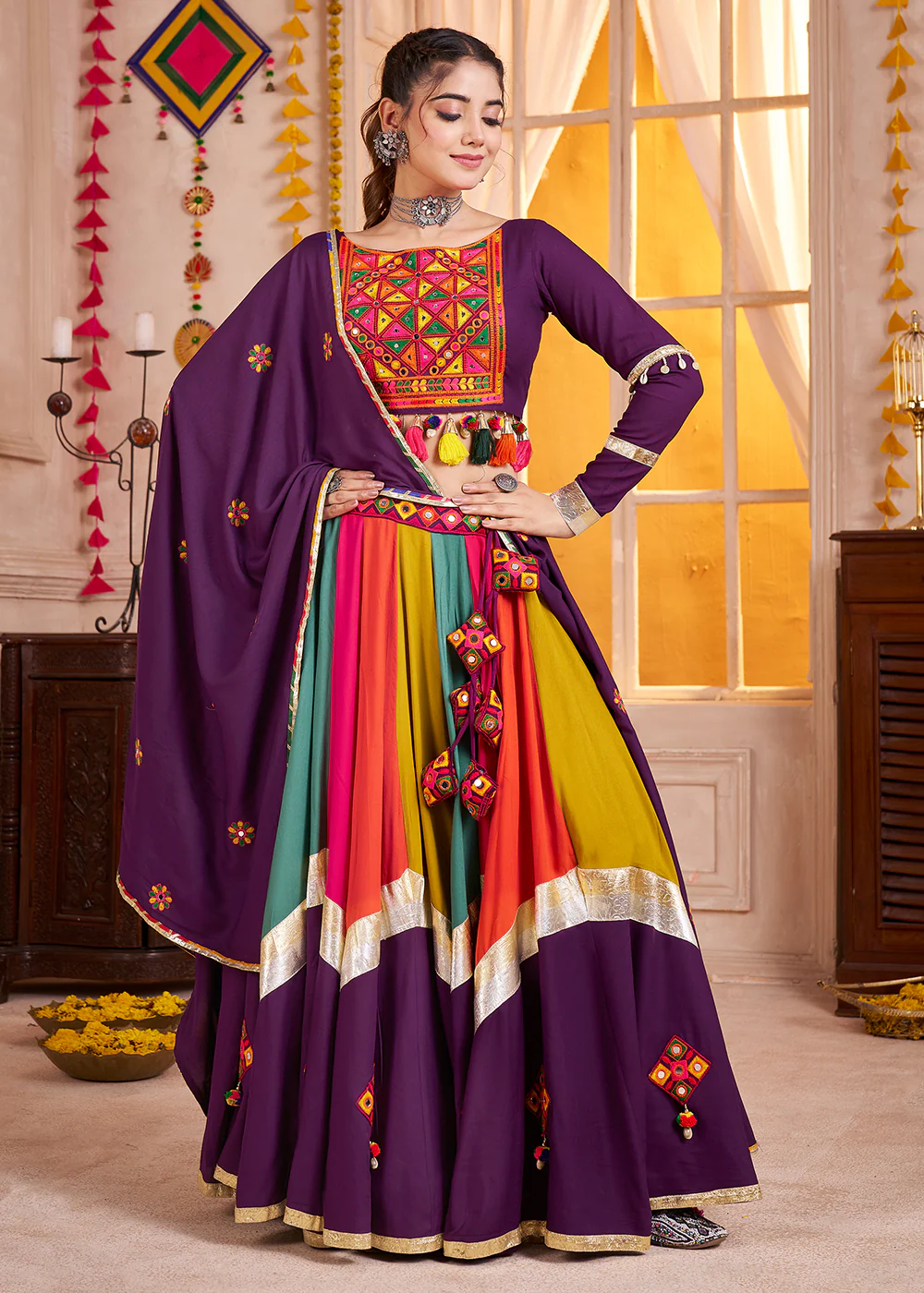 Cotton Chaniya Choli for Navratri in Multicolor Purple