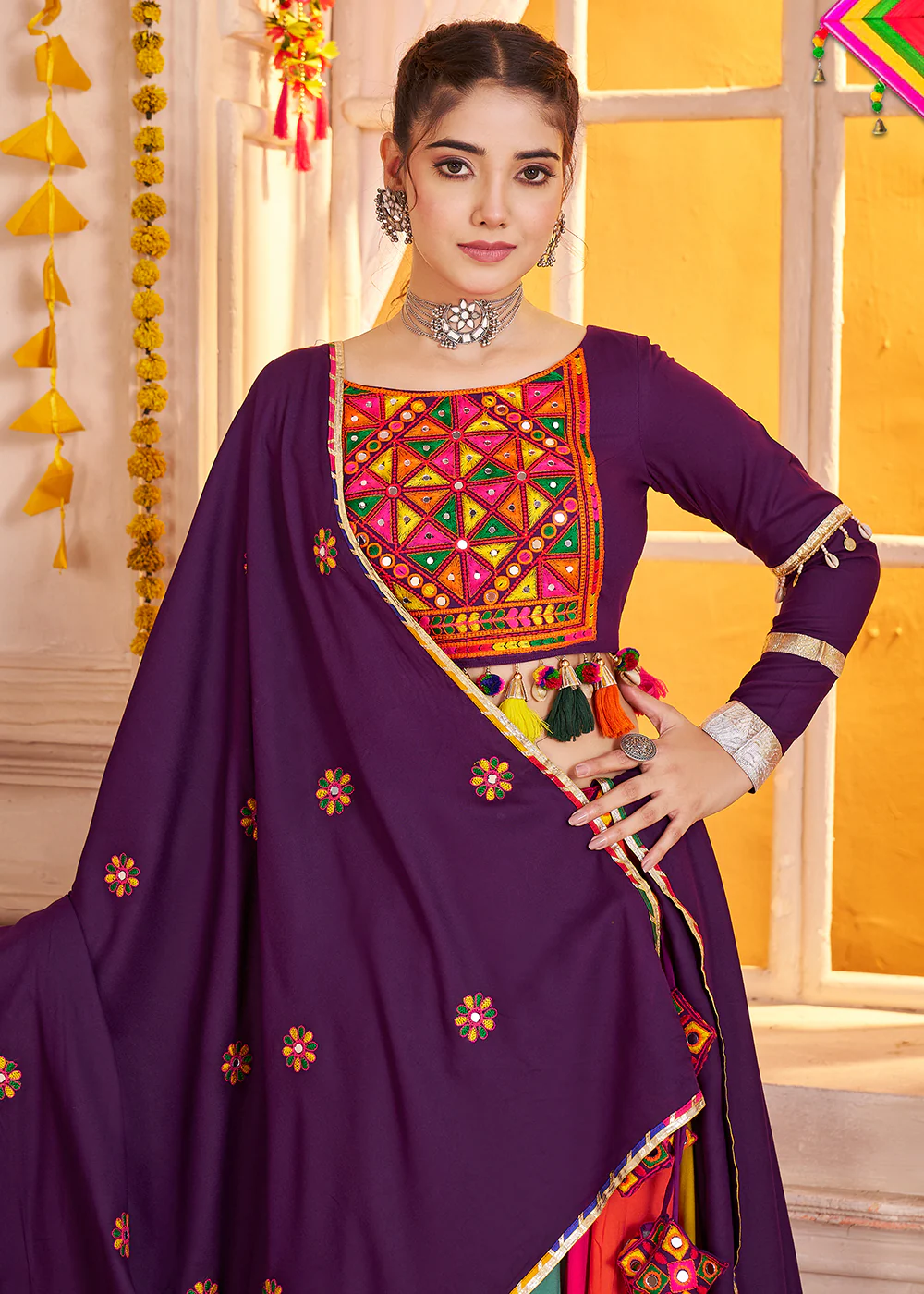 Cotton Chaniya Choli for Navratri in Multicolor Purple - Image 2