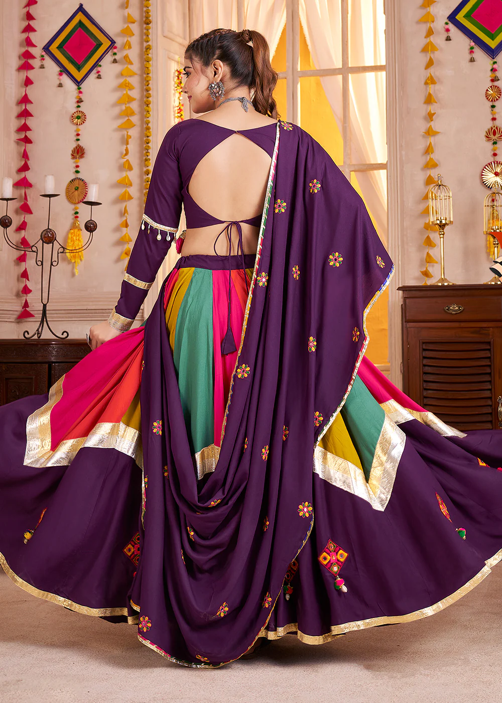 Cotton Chaniya Choli for Navratri in Multicolor Purple - Image 3