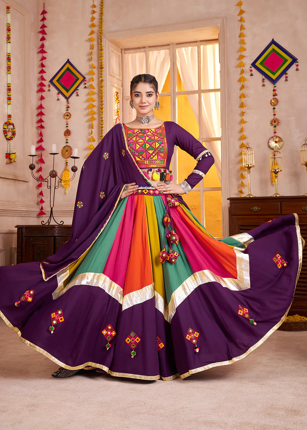 Cotton Chaniya Choli for Navratri in Multicolor Purple - Image 4