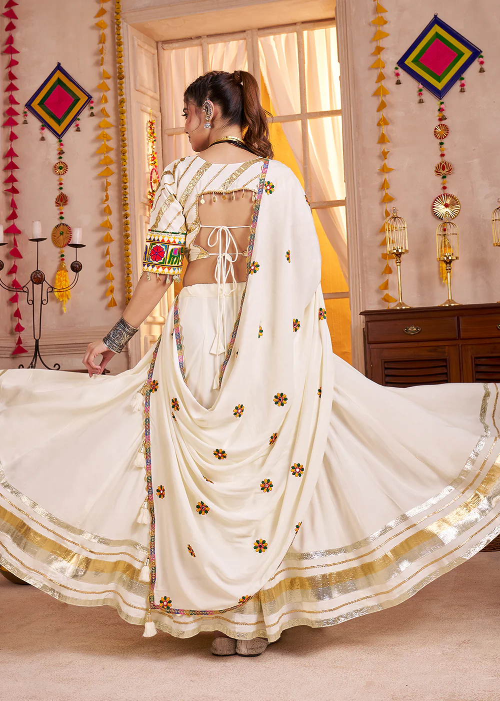 Cotton Chaniya Choli for Navratri in White - Image 3
