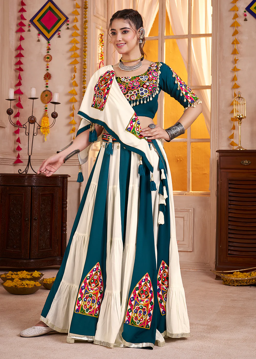 Cotton Chaniya Choli for Navratri in White & Teal