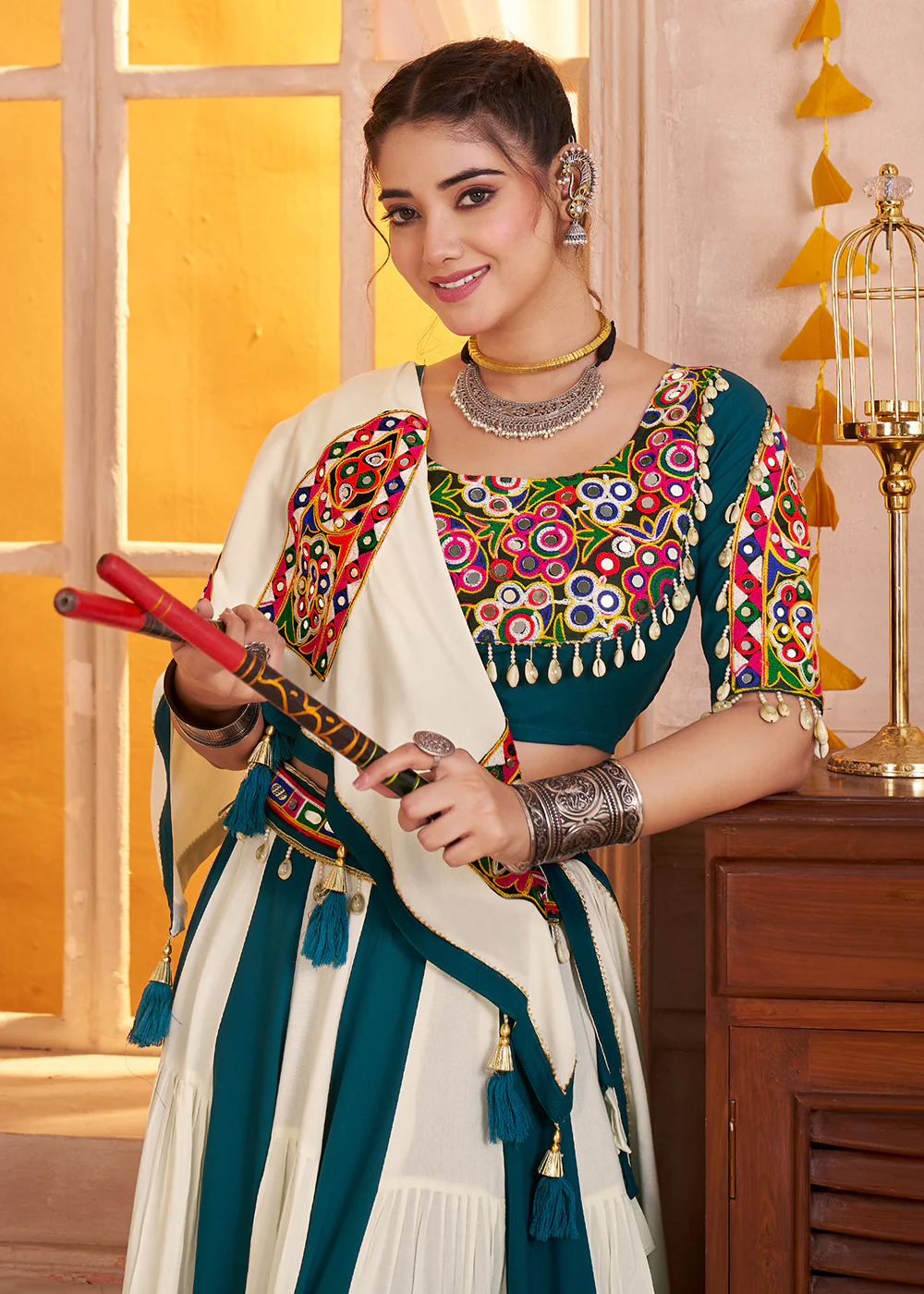 Cotton Chaniya Choli for Navratri in White & Teal - Image 2