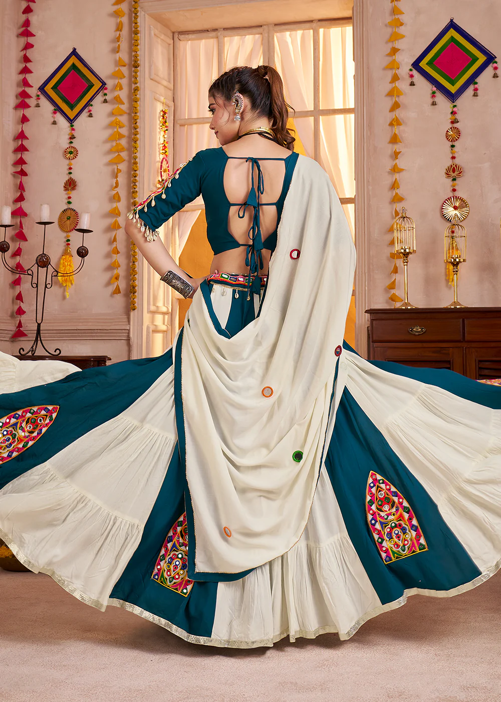 Cotton Chaniya Choli for Navratri in White & Teal - Image 3