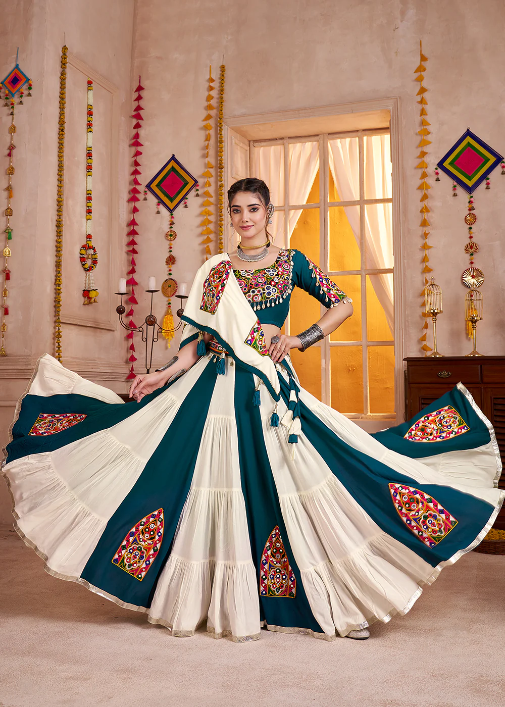 Cotton Chaniya Choli for Navratri in White & Teal - Image 4