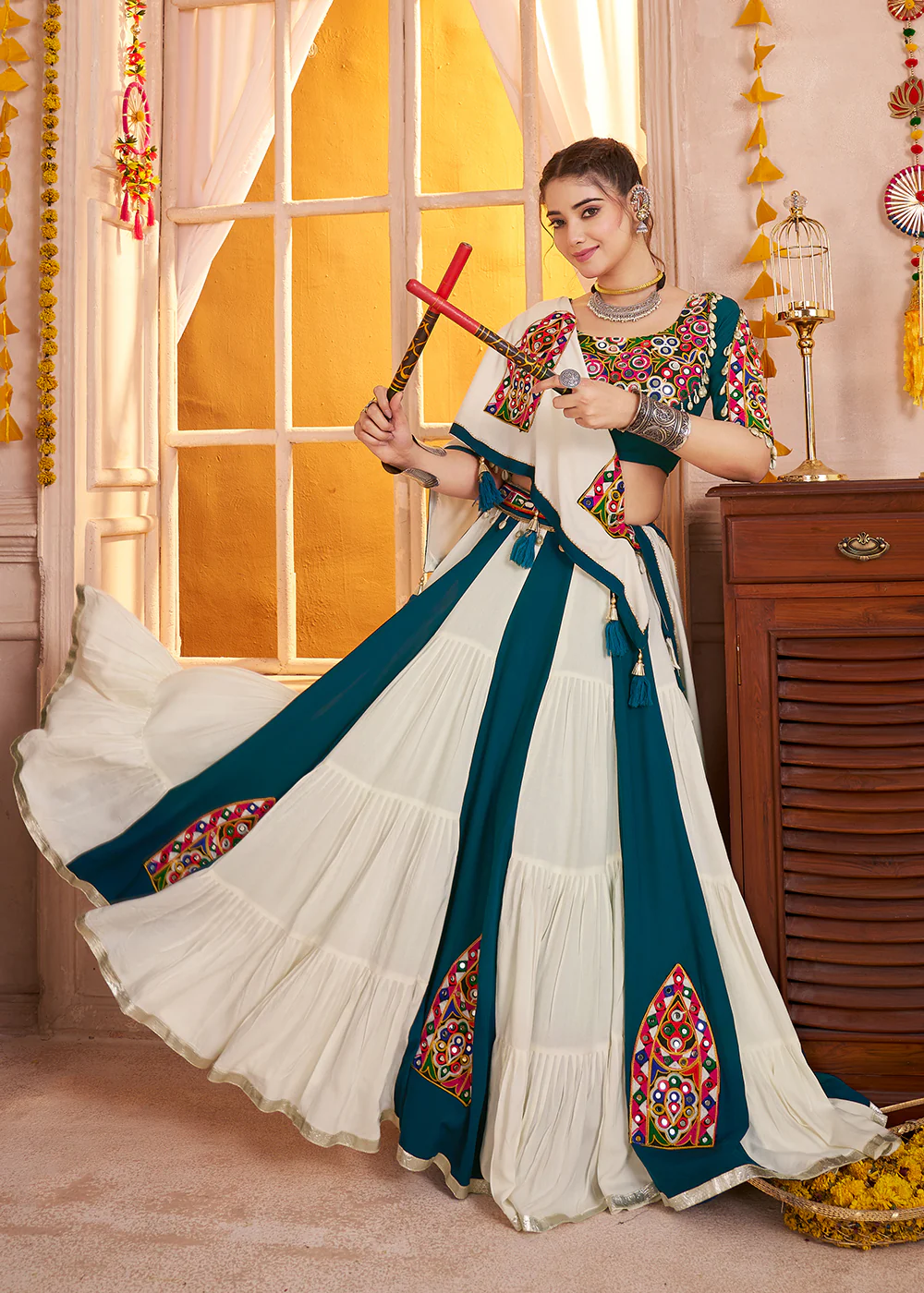 Cotton Chaniya Choli for Navratri in White & Teal - Image 5