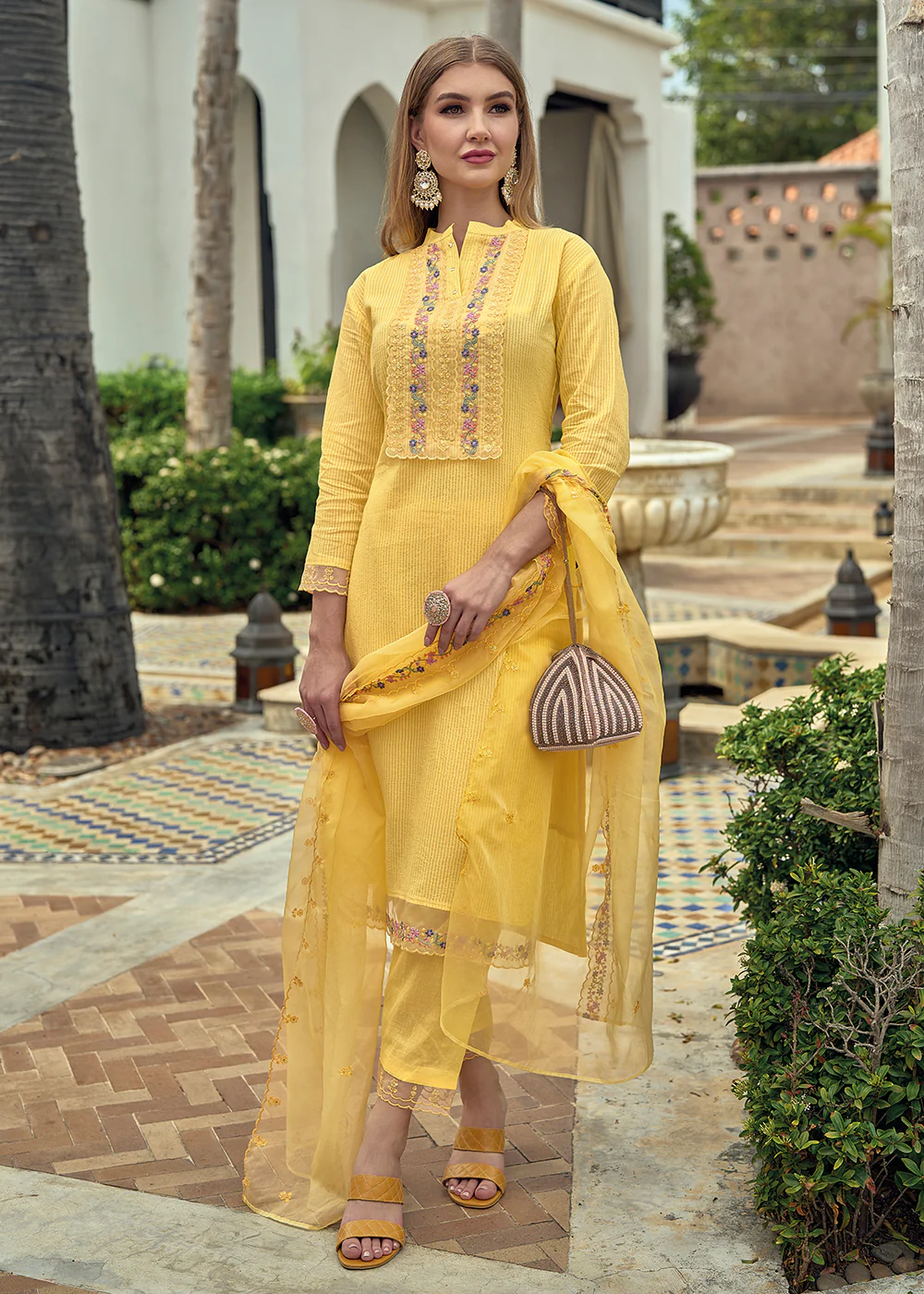 Cotton Lovely Yellow Embroidered Pant Style Salwar Suit