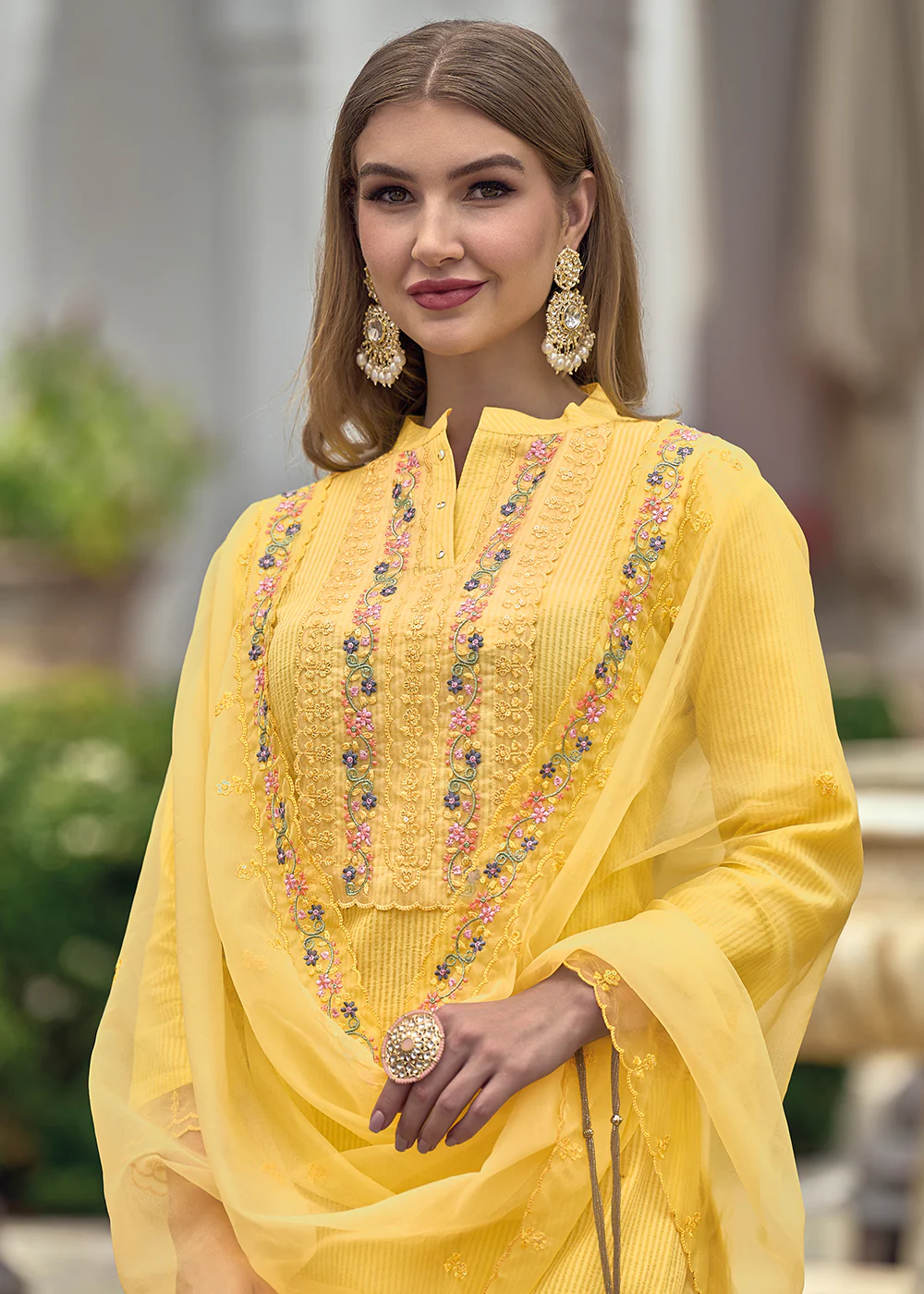 Cotton Lovely Yellow Embroidered Pant Style Salwar Suit - Image 2
