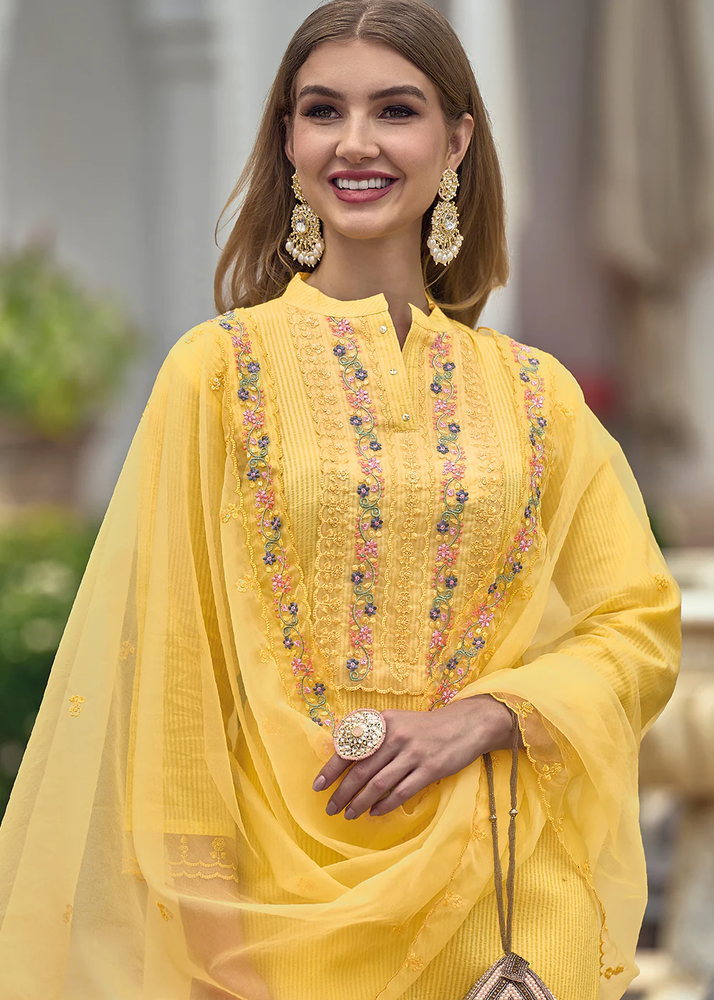 Cotton Lovely Yellow Embroidered Pant Style Salwar Suit - Image 3