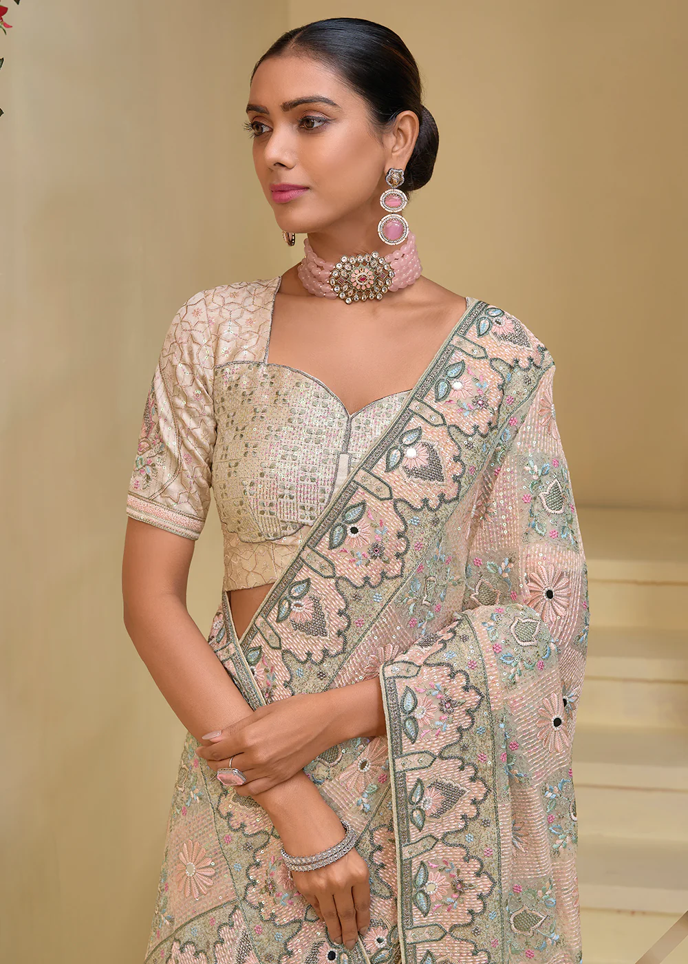 Cream Banarasi Silk Embroidered Designer Saree - Image 2