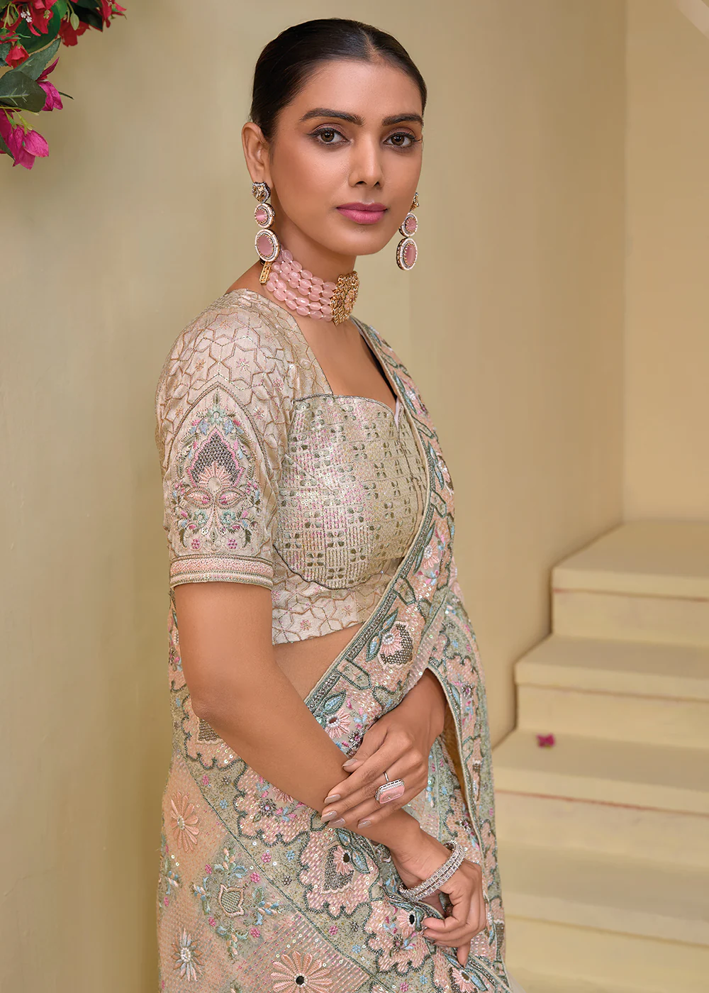 Cream Banarasi Silk Embroidered Designer Saree - Image 4