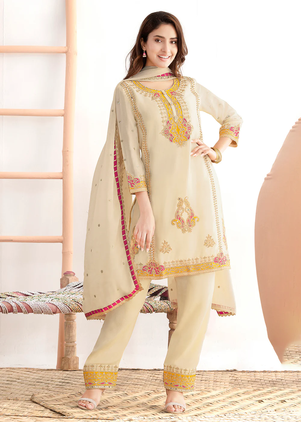 Cream Beautiful Applique Style Festive Wear Dress