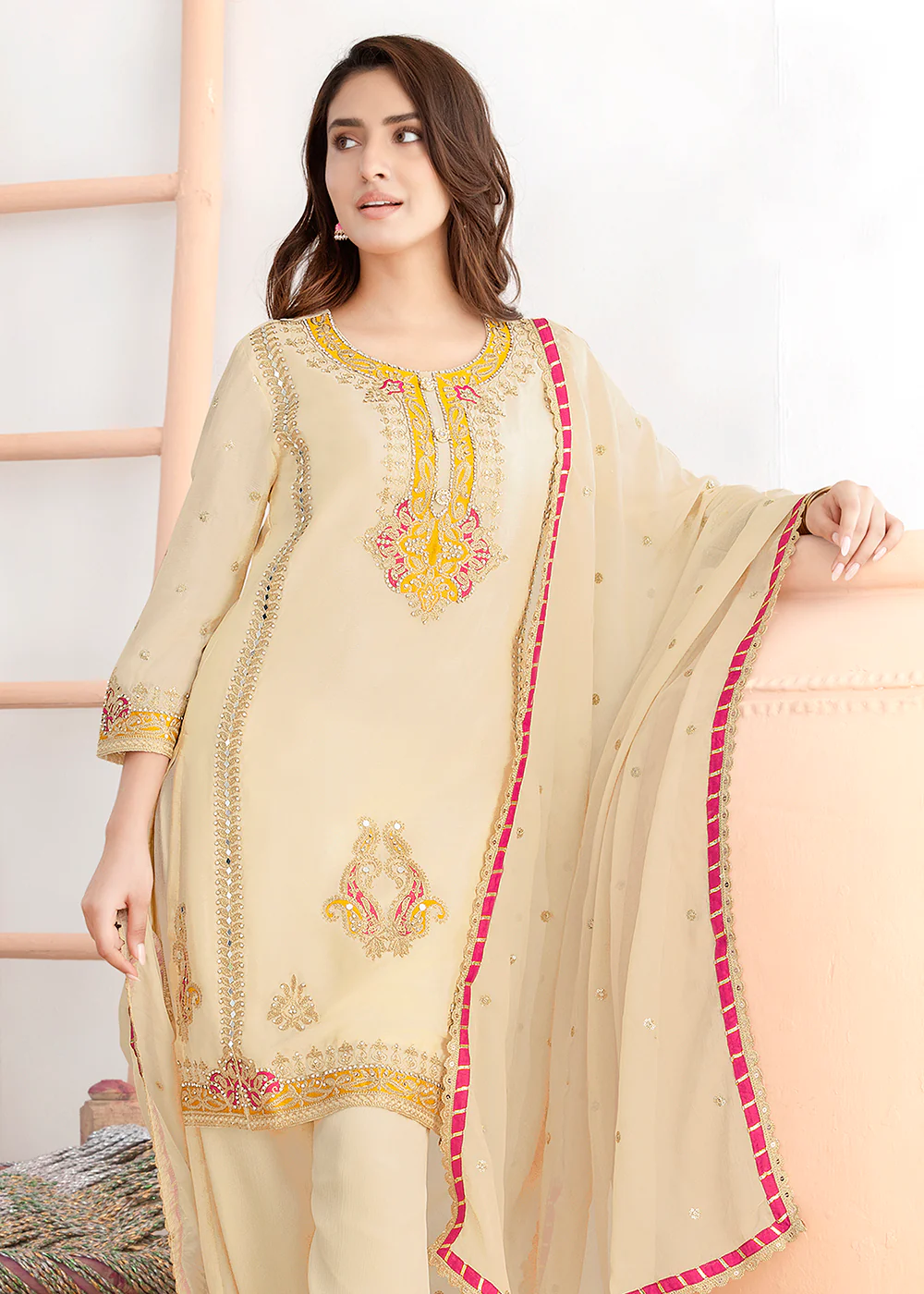 Cream Beautiful Applique Style Festive Wear Dress - Image 2