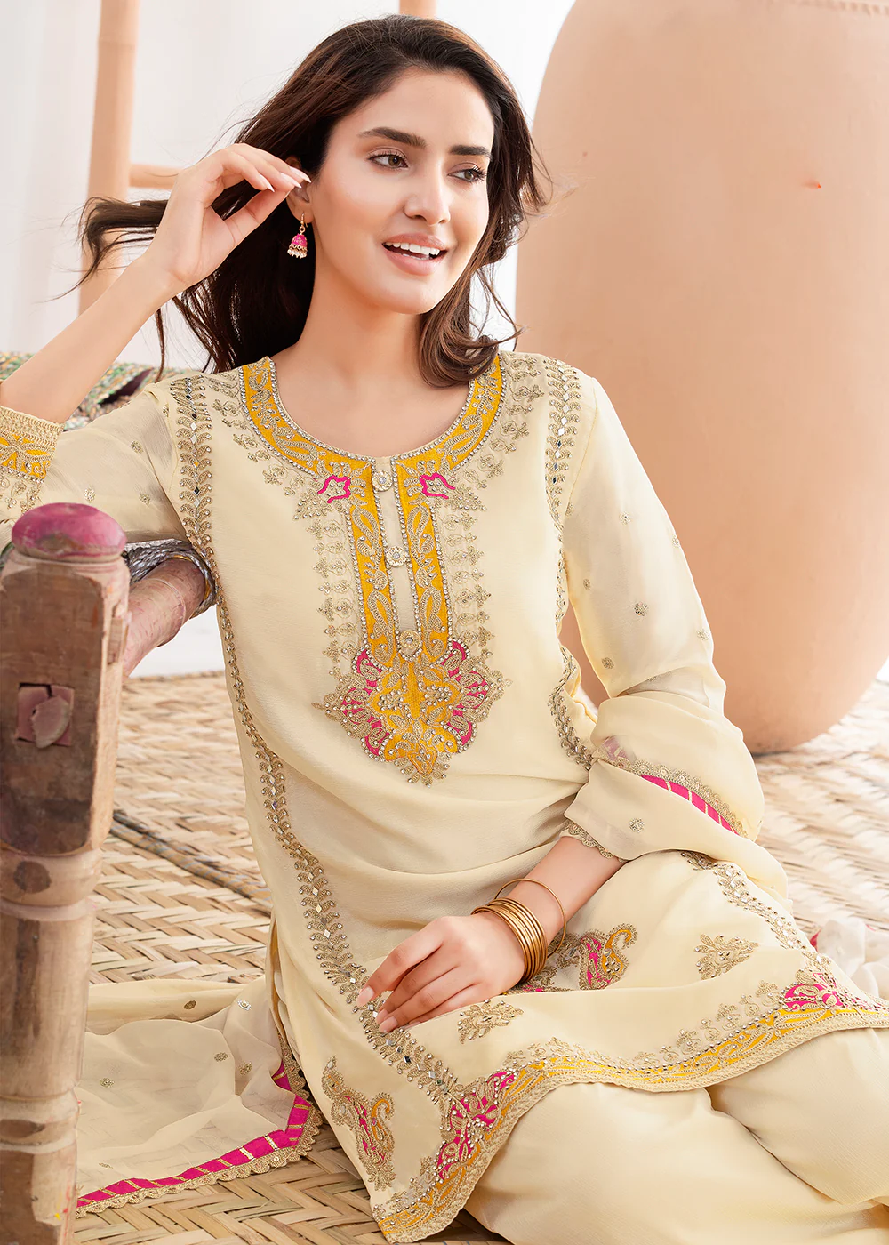 Cream Beautiful Applique Style Festive Wear Dress - Image 3