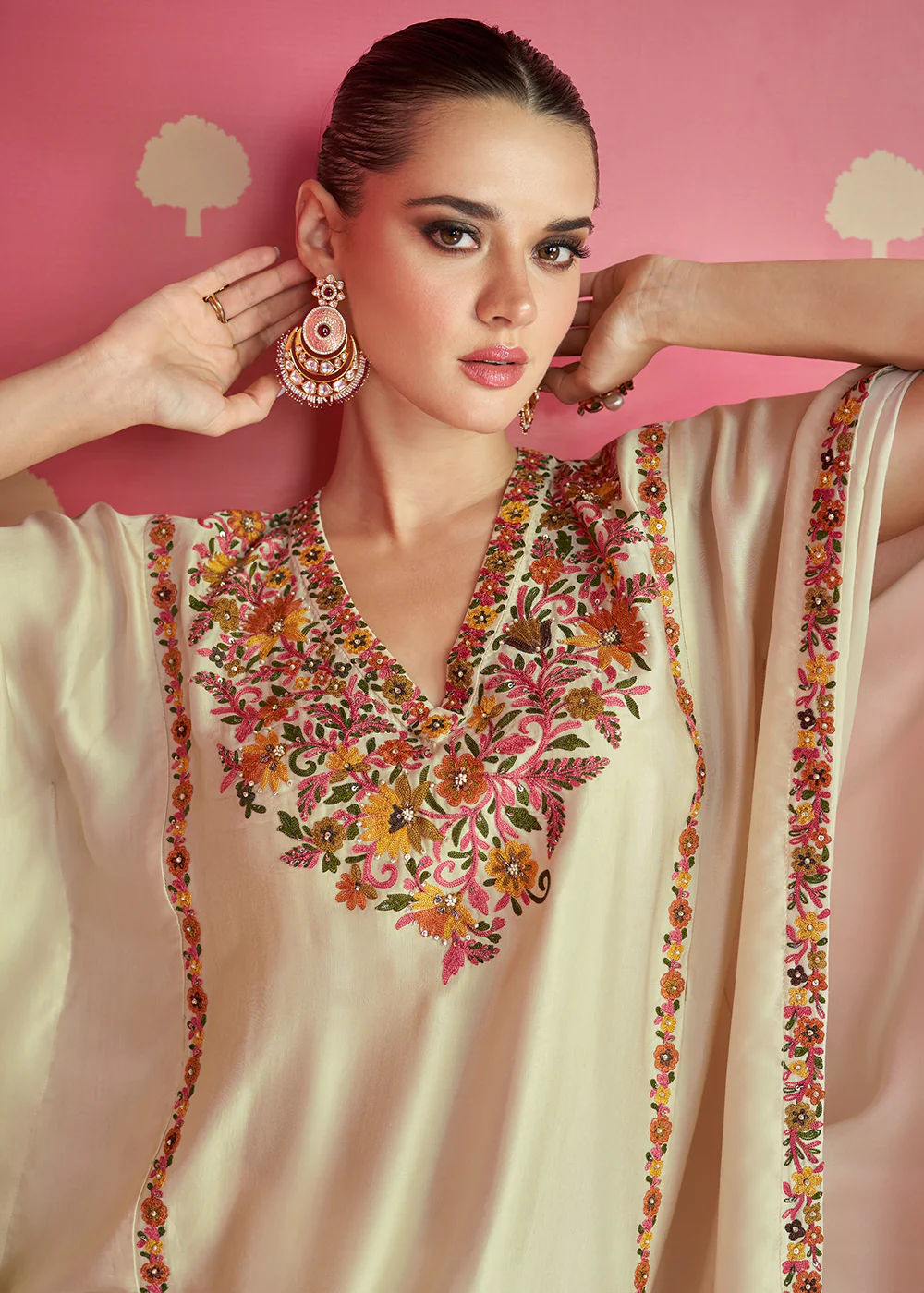Cream Beige Silk Satin Kaftan Style Chinon Pant Style Suit - Image 2