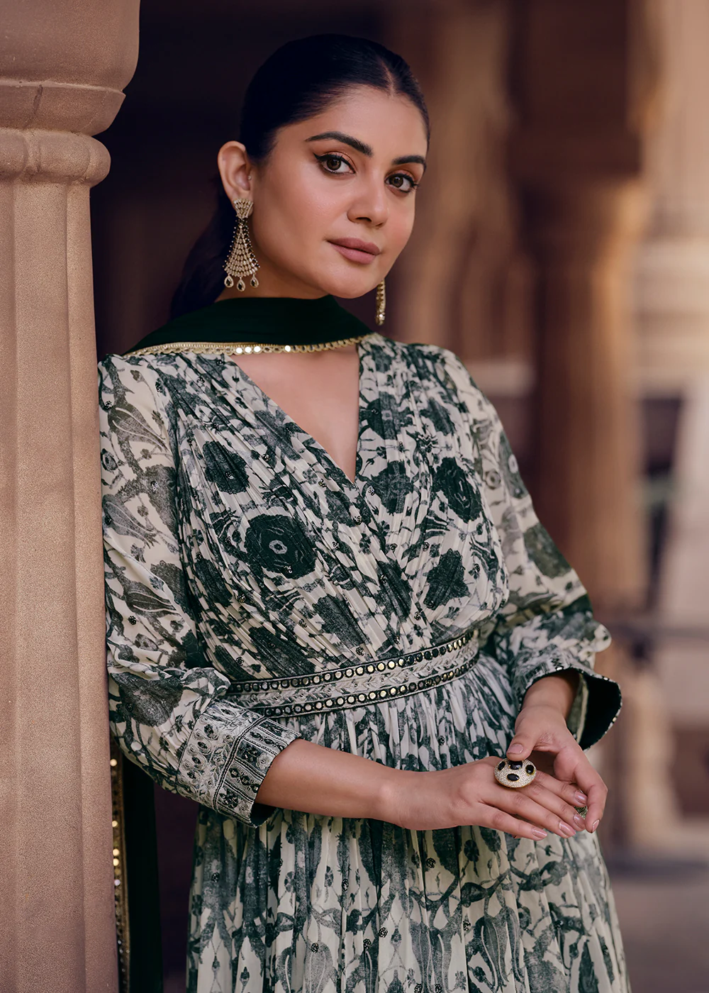 Cream Black Digital Printed Designer Anarkali Gown - Image 2