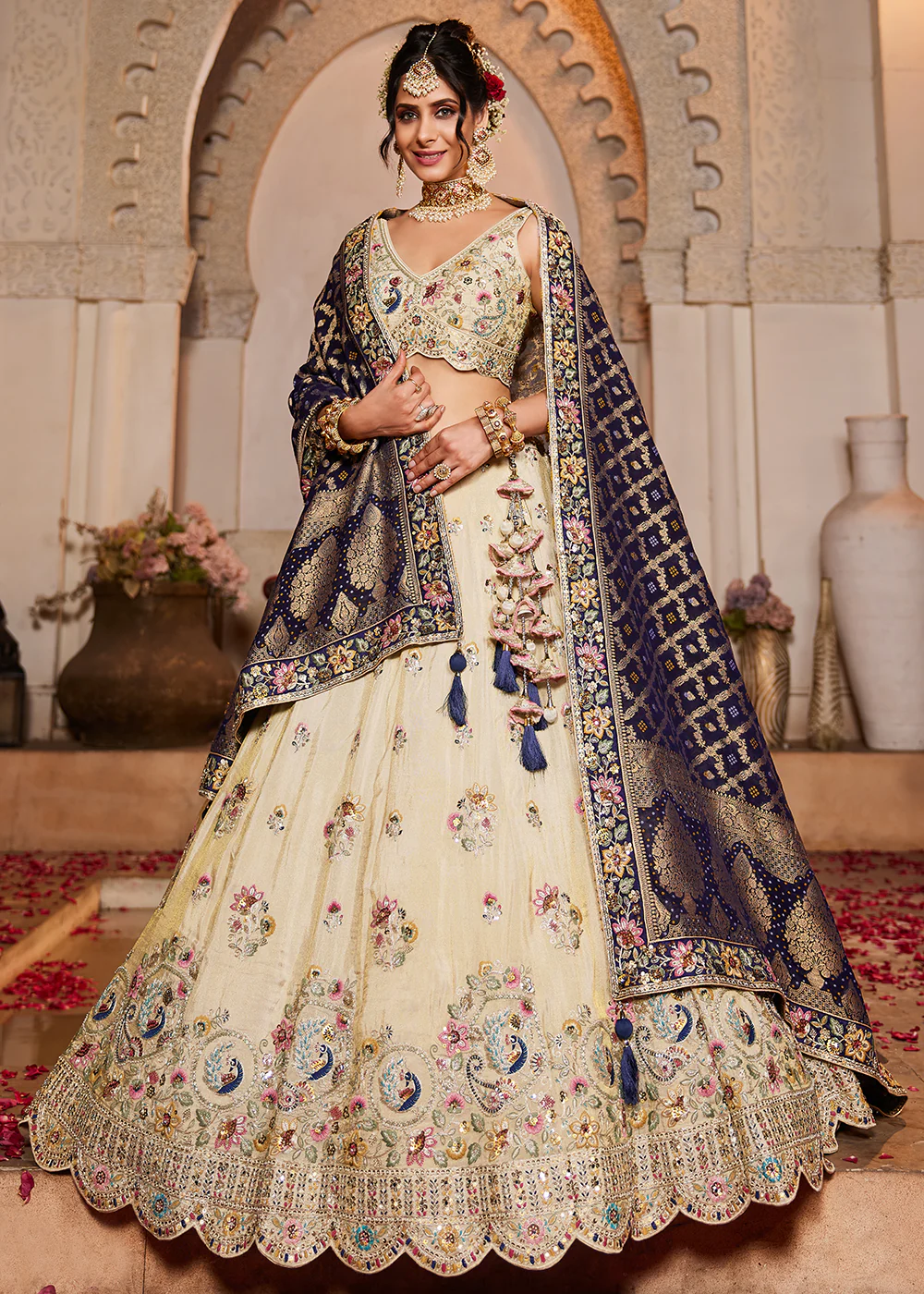 Cream & Blue Premium Tissue Embroidered Wedding Lehenga Choli