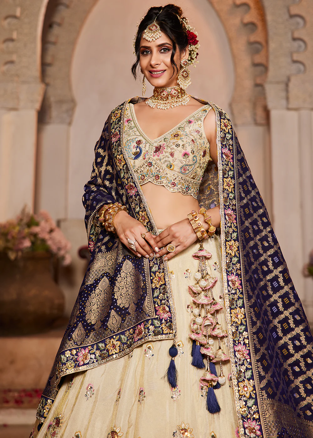 Cream & Blue Premium Tissue Embroidered Wedding Lehenga Choli - Image 2