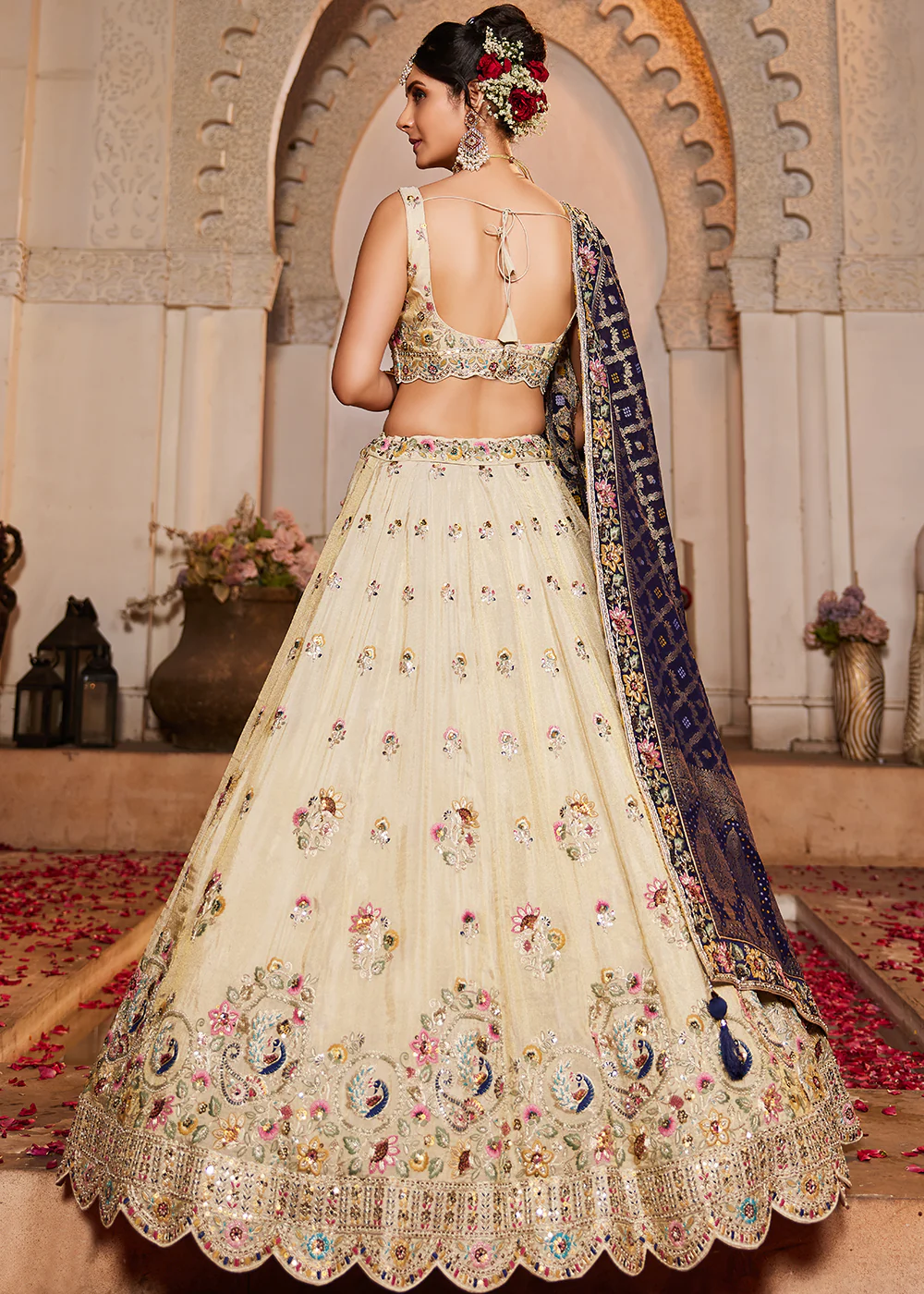 Cream & Blue Premium Tissue Embroidered Wedding Lehenga Choli - Image 3