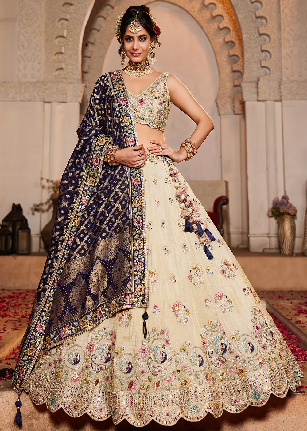 Cream & Blue Premium Tissue Embroidered Wedding Lehenga Choli - Image 4
