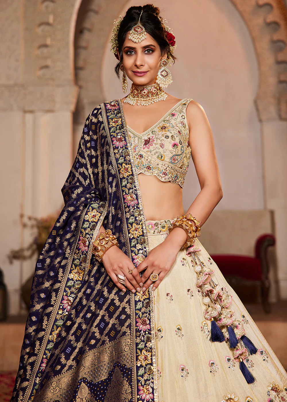 Cream & Blue Premium Tissue Embroidered Wedding Lehenga Choli - Image 5